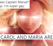 A shot from Captain Marvel overlaid with tweets about its queer subtext.