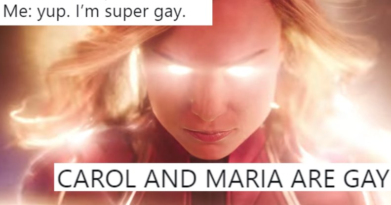 A shot from Captain Marvel overlaid with tweets about its queer subtext.