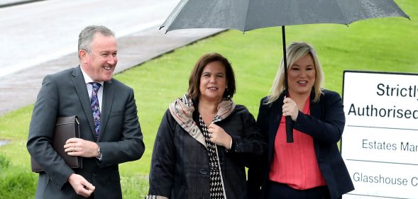 Conor Murphy, Mary Lou McDonald and Michelle O'Neill smiling