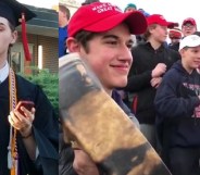 L - Gay valedictorian Christian Bales gives a speech after being barred from the official graduation ceremony at his school, run by the Diocese of Covington. R - Nick Sandmann confronts Native American Nathan Phillips