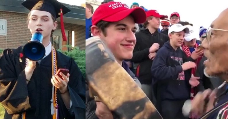 L - Gay valedictorian Christian Bales gives a speech after being barred from the official graduation ceremony at his school, run by the Diocese of Covington. R - Nick Sandmann confronts Native American Nathan Phillips