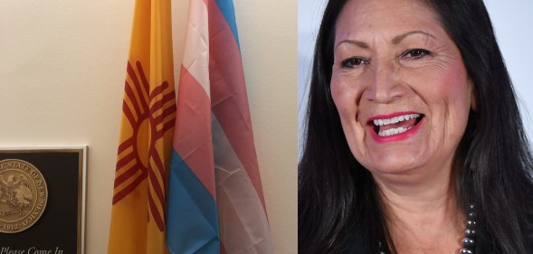 A picture of the trans flag and New Mexico flag next to a photo of congresswoman Deb Haaland