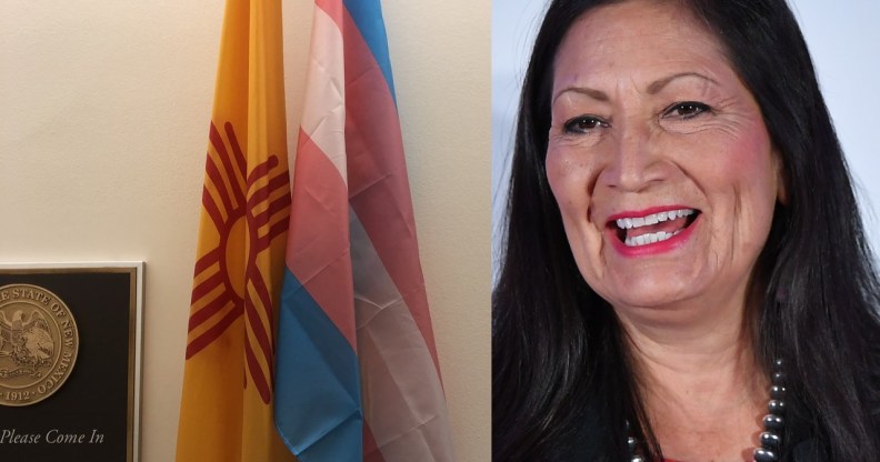 A picture of the trans flag and New Mexico flag next to a photo of congresswoman Deb Haaland