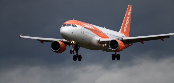 File photo. An EastJet plane is seen landing at Geneva Airport on March 11, 2019 in Geneva.