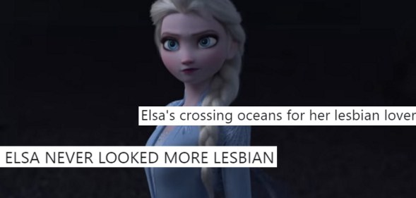 A screenshot of Elsa from the trailer for Frozen 2 overlaid with tweets