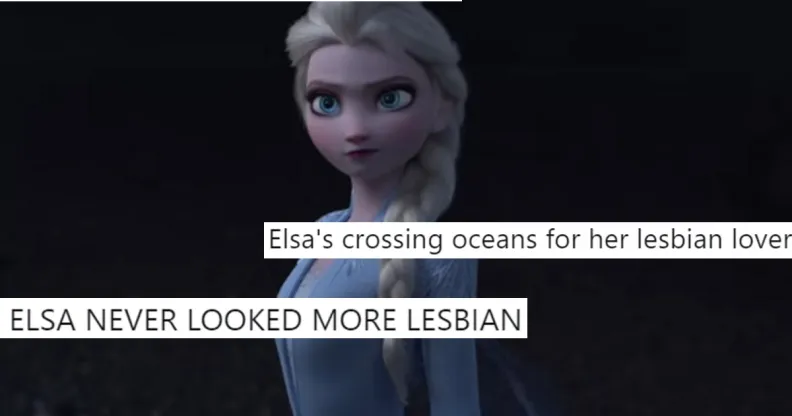 A screenshot of Elsa from the trailer for Frozen 2 overlaid with tweets