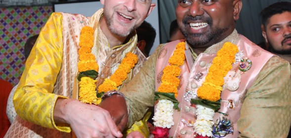 Vinodh Philip and Vincent Illaire celebrate their marriage with friends and family at a hotel reception on February 1 in Mumbai, after tying the knot in Illaire’s homeland of France in December