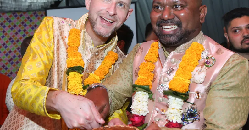 Vinodh Philip and Vincent Illaire celebrate their marriage with friends and family at a hotel reception on February 1 in Mumbai, after tying the knot in Illaire’s homeland of France in December