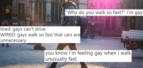 A gay man walks fast down a street, overlaid with tweets.