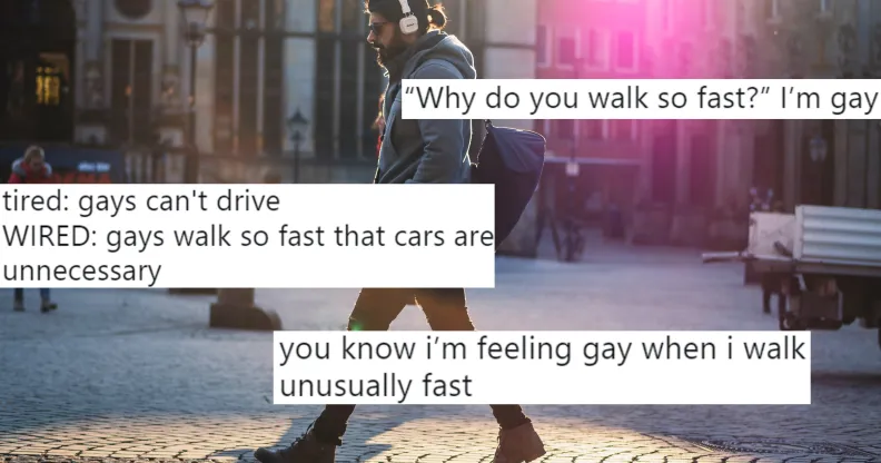 A gay man walks fast down a street, overlaid with tweets.
