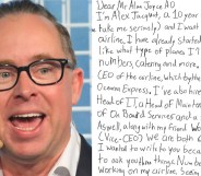 Qantas CEO Alan Joyce speaks at the AO Inspirational series brunch on day 11 of the 2018 Australian Open at Melbourne Park on January 23, 2018 in Melbourne, Australia, next a to a letter to Alan Joyce from 10-year-old Alex Jacquot.