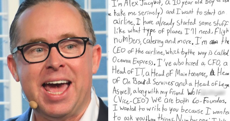 Qantas CEO Alan Joyce speaks at the AO Inspirational series brunch on day 11 of the 2018 Australian Open at Melbourne Park on January 23, 2018 in Melbourne, Australia, next a to a letter to Alan Joyce from 10-year-old Alex Jacquot.