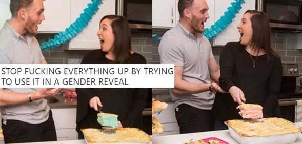 Photos of Villa Italian Kitchen's gender reveal lasagna overlaid with tweets