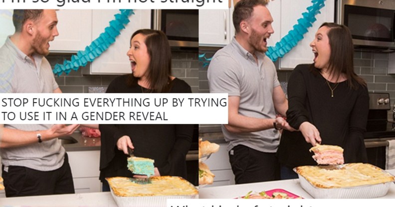 Photos of Villa Italian Kitchen's gender reveal lasagna overlaid with tweets