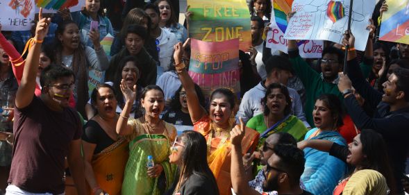Indian activists and members of the lesbian, gay, bisexual, and transgender (LGBT) community take part in a pride parade in Siliguri on December 30 2018