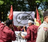 Banners against the lesbian, gay, bisexual and transgender (LGBT) community in Banda Aceh, Indonesia on December 27, 2017
