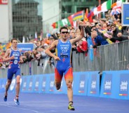 In a release from the International Triathlon Union, Javier Gomez of Spain wins, in front of Jonathan Brownlee of Great Britain, the Grand Final of the 2012 ITU World Triathlon Series on October 21, 2012 in Auckland, New Zealand.