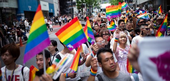 People in Japan attend the annual Tokyo Rainbow Parade in Tokyo, on May 6, 2018, to show support for lesbian, gay, bisexual and transgender people