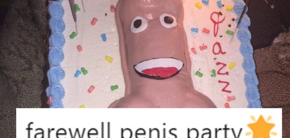 The penis cake made for transgender activist Jazz Jennings, with a tweet overlaid