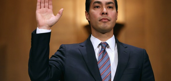 Mayor Julian Castro is sworn in during his confirmation hearing before the Senate Banking, Housing and Urban Affairs Committee in the Dirksen Senate Office Building on Capitol Hill June 17, 2014 in Washington, DC