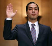 Mayor Julian Castro is sworn in during his confirmation hearing before the Senate Banking, Housing and Urban Affairs Committee in the Dirksen Senate Office Building on Capitol Hill June 17, 2014 in Washington, DC