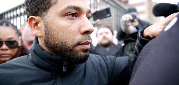 Empire actor Jussie Smollett leaves Cook County jail after posting bond on February 21, 2019 in Chicago, Illinois.