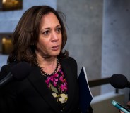 Senator Kamala Harris, who has faced criticism for her treatment of transgender prisoners, speaks to reporters following a closed briefing on intelligence matters on Capitol Hill on December 4 2018 in Washington, DC