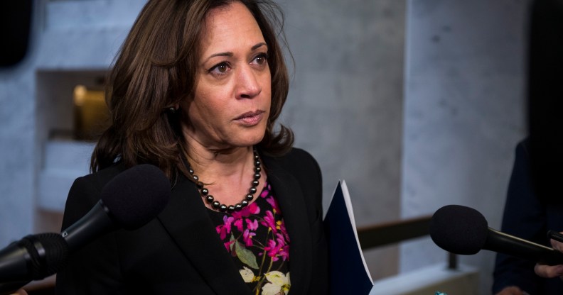 Senator Kamala Harris, who has faced criticism for her treatment of transgender prisoners, speaks to reporters following a closed briefing on intelligence matters on Capitol Hill on December 4 2018 in Washington, DC