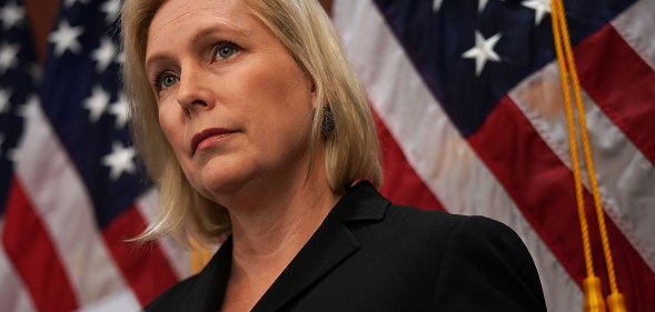 Sen. Kirsten Gillibrand (D-NY) listens during a news conference December 12, 2017 on Capitol Hill in Washington, DC.