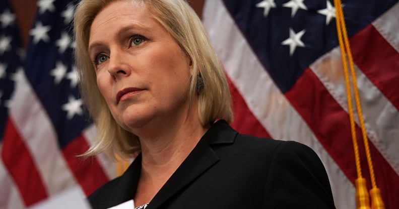 Sen. Kirsten Gillibrand (D-NY) listens during a news conference December 12, 2017 on Capitol Hill in Washington, DC.