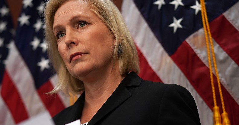 Sen. Kirsten Gillibrand (D-NY) listens during a news conference December 12, 2017 on Capitol Hill in Washington, DC.