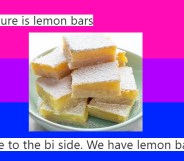 Bisexual lemon bars: A picture of lemon bars set against the bisexual flag and tweets.