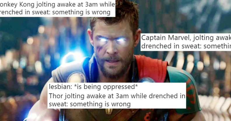 A photo of Marvel: Endgame character Thor, overlaid with tweets using the "lesbian: is being oppressed" meme format.