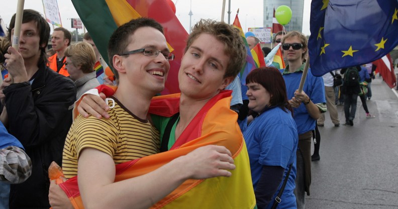People pose as they took part in the ''Baltic Pride 2010'' march, the first gay pride event in Lithuania, on May 8, 2010