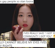 A screenshot of Loona member Yves eating an apple with tweets overlaid.