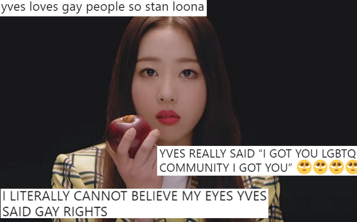 A screenshot of Loona member Yves eating an apple with tweets overlaid.