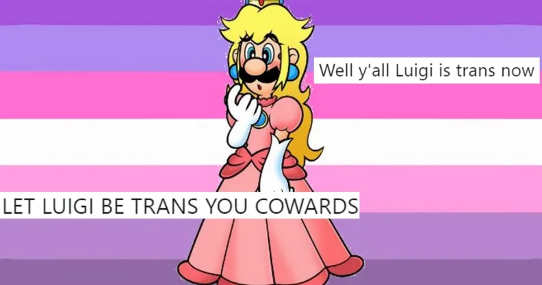 A piece of art showing Super Mario Bros. character Luigi as a trans woman, with floating tweets