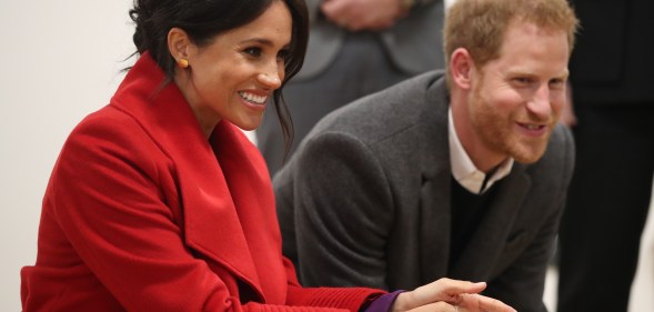 Meghan Markle and Prince Harry during their visit to the Hive, Wirral Youth Zone as part of a visit to Birkenhead on January 14, 2019, in Birkenhead, United Kingdom
