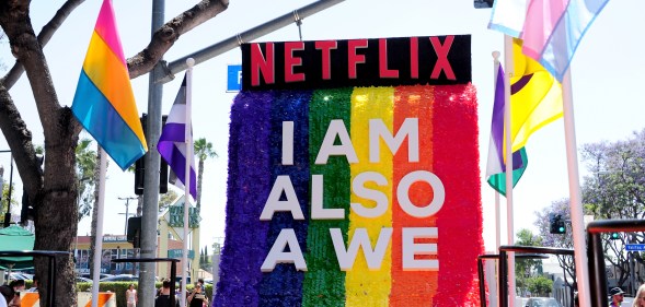 Netflix, which is making OBX, sent floats to the Los Angeles Pride Parade on June 10, 2018 in West Hollywood, California