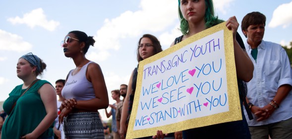 Members of the transgender community and their supporters attend a rally for transgender equality on Capitol Hill, June 9, 2017 in Washington, DC, which like New Mexico has moved to add a third gender to documents