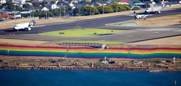 An Instagram photo from Wellington Airport of the gigantic rainbow painted ahead of the Wellington Pride Festival