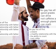 A picture of a gay couple overlaid with "No gay has all five" meme tweets.