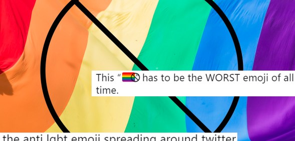 A Pride flag overlaid with tweets, some of which blame Apple for the new anti-LGBT emoji