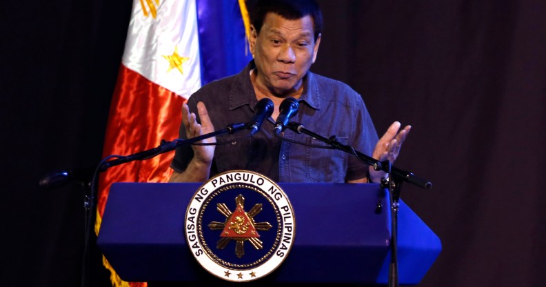 President Rodrigo Duterte speaks at the 39th birthday party of Boxer Manny Pacquiao at KCC convention center on December 17, 2017 in General Santos, Philippines.