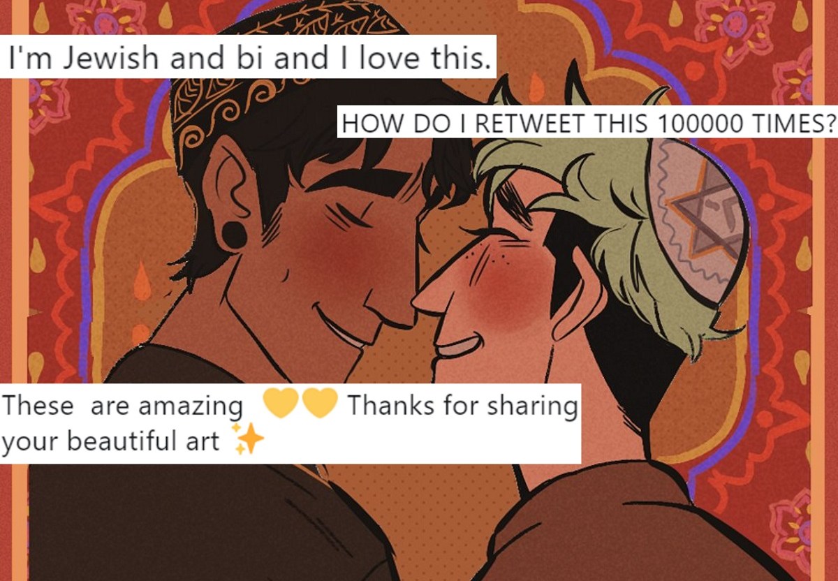 Gay art which shows a same-sex couple with a Jewish man and a Muslim man, overlaid with tweets