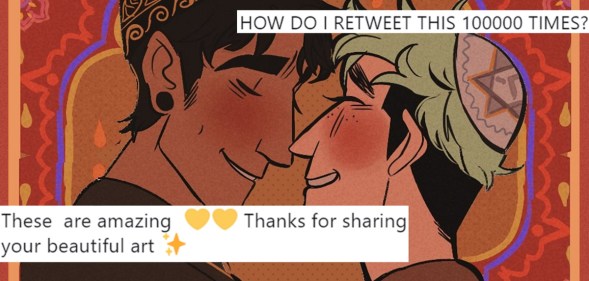 Gay art which shows a same-sex couple with a Jewish man and a Muslim man, overlaid with tweets
