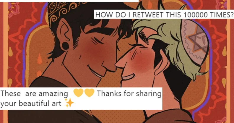 Gay art which shows a same-sex couple with a Jewish man and a Muslim man, overlaid with tweets