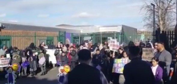 Protestors against LGBT lessons outside Anderton Park Primary school, Birmingham