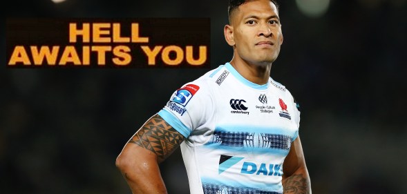 Israel Folau of the Waratahs looks on during the round 8 Super Rugby match between the Blues and Waratahs at Eden Park on April 06, 2019 in Auckland, New Zealand.