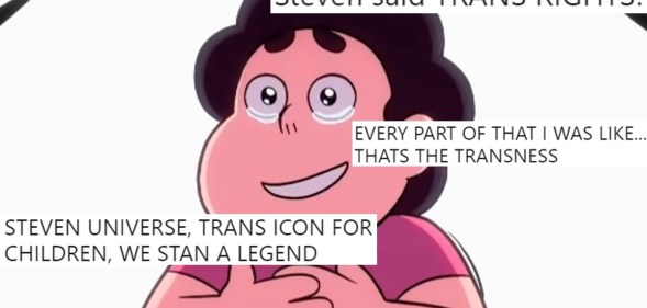 A shot of Steven Universe, a Cartoon Network show which fans say has a trans subtext, overlaid with tweets